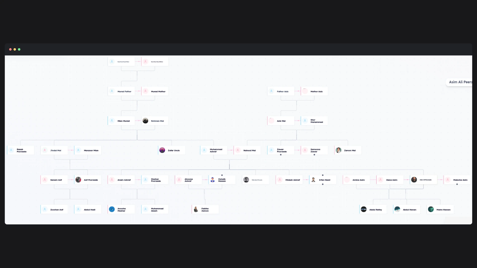 Genealogy SaaS Platform — The tree renders from the graph itself: parent and child links drawn as connectors, every node typed, and the whole subtree navigable rather than paginated.